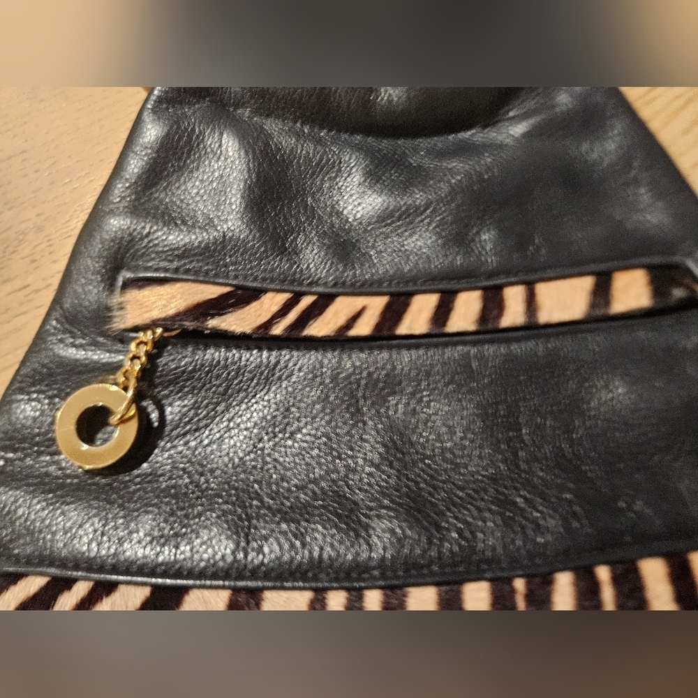 Vintage Black Leather Hobo Bag Haircalf Zebra Accent Multi Zip Shoulder Purse. - Picture 15 of 16